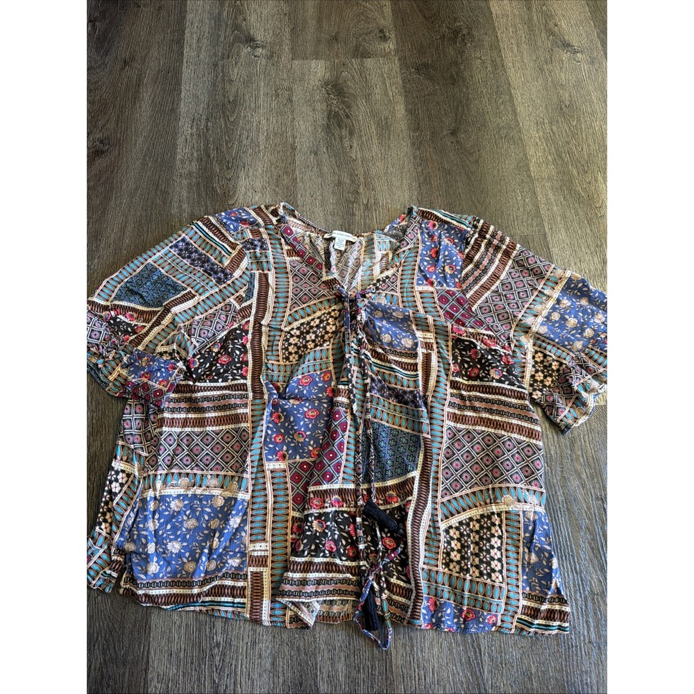 American Eagle Outfitters Patchwork Tie Neck Tassel Peasant Blouse Boho Size XL